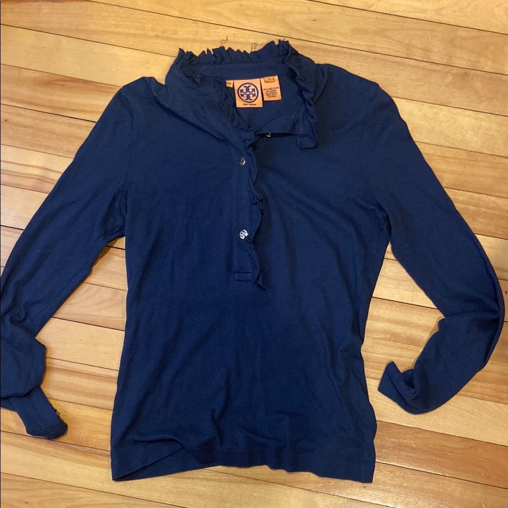 Tory Burch Navy Blue Ruffle Collar Top